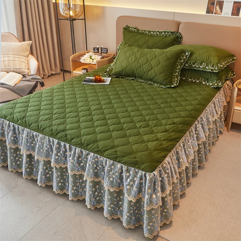 Afralia™ Cotton Lace Ruffles Quilted Bed Skirt Set with Pillowcases