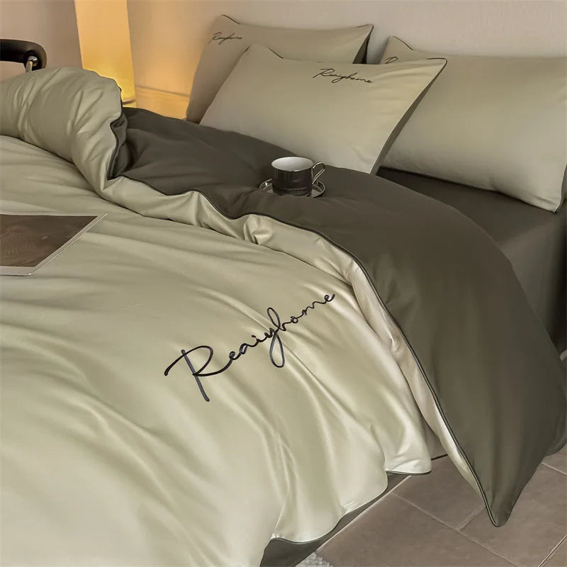 Afralia™ Pure Cotton Luxury Embroidery Bedding Set - Nordic Solid Color Duvet Bedclothes