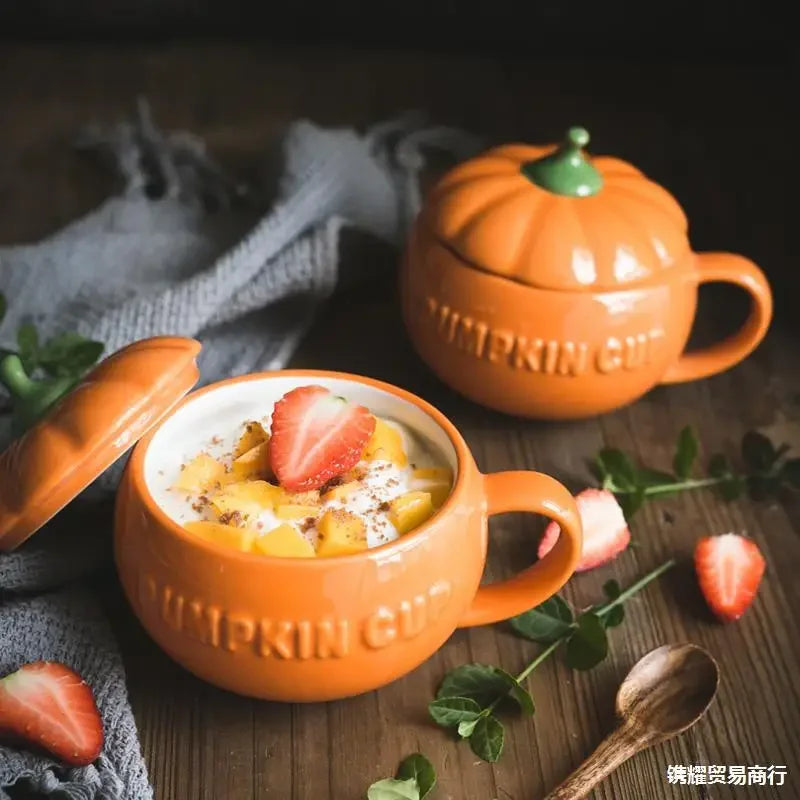 Afralia™ Pumpkin Cute Cup Set with Lid and Spoon for Trendy Students - Ceramic Breakfast Mug