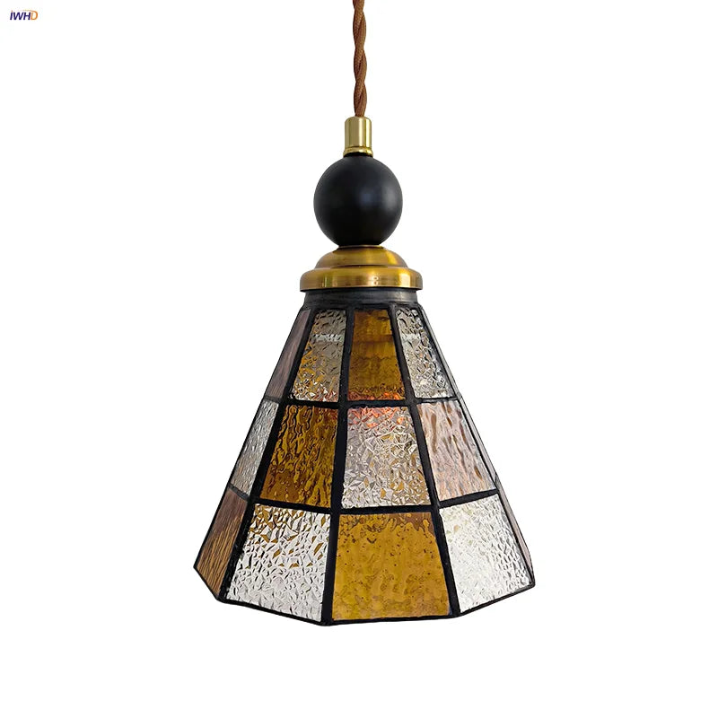 Afralia™ Tiffany Glass Wood LED Pendant Lamp Modern Nordic Hanging Light Fixutre