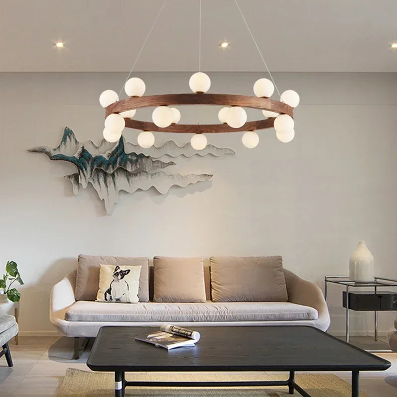 Afralia™ Round Glass Walnut Chandelier Solid Wood Pendant Light for Living Dining Bedroom