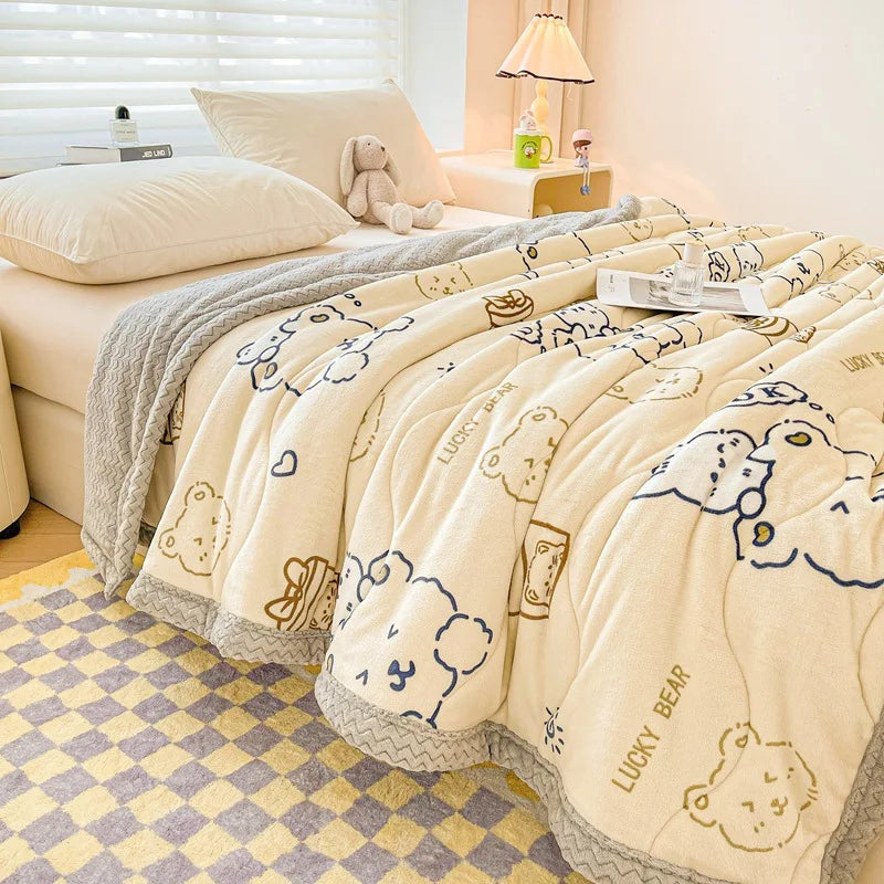 Afralia™ Cartoon Print Three-Layer Velvet Blanket for Cozy Winter Bedding