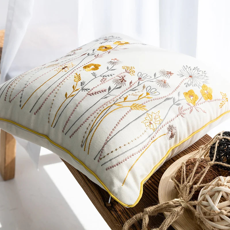 Afralia™ Nordic Style Embroidery Flower Pillow Cushion - 100% Cotton