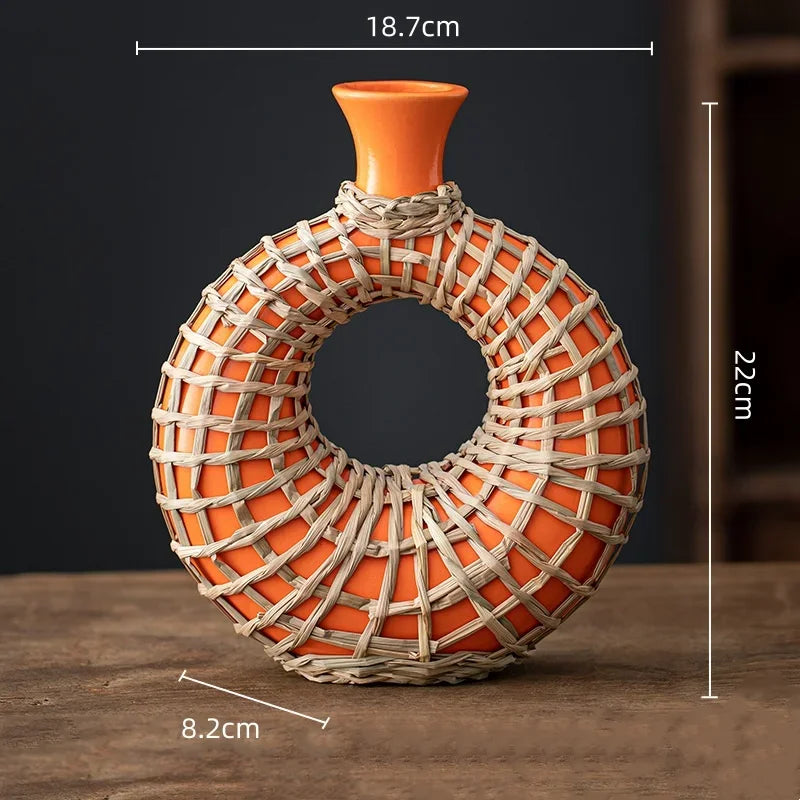 Afralia™ Rattan Vase: Geometric Ceramic & Straw Plaited Floral Arrangement Home Decor