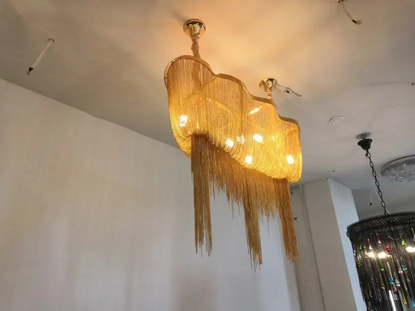 Afralia™ Modern Silver Aluminum Chain Chandelier Luxury Pendant for Hotel Restaurant Decor.