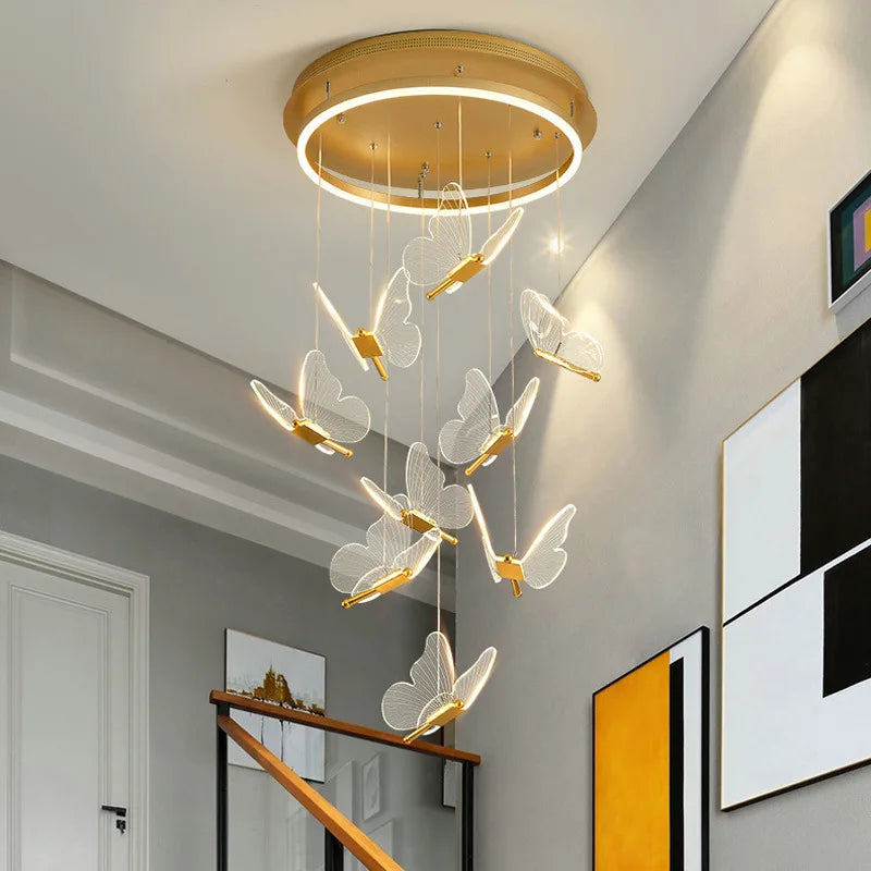 Afralia™ Gold LED Butterfly Pendant Lights for Home Staircase, Living Room, Bedroom Chandeliers