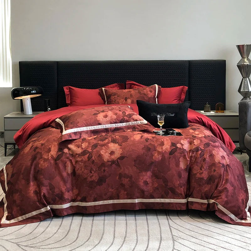 Afralia™ Luxury Flowers 1000TC Egyptian Cotton Bedding Set: 1 Duvet Cover, 1 Sheet, 2 Pillowcases