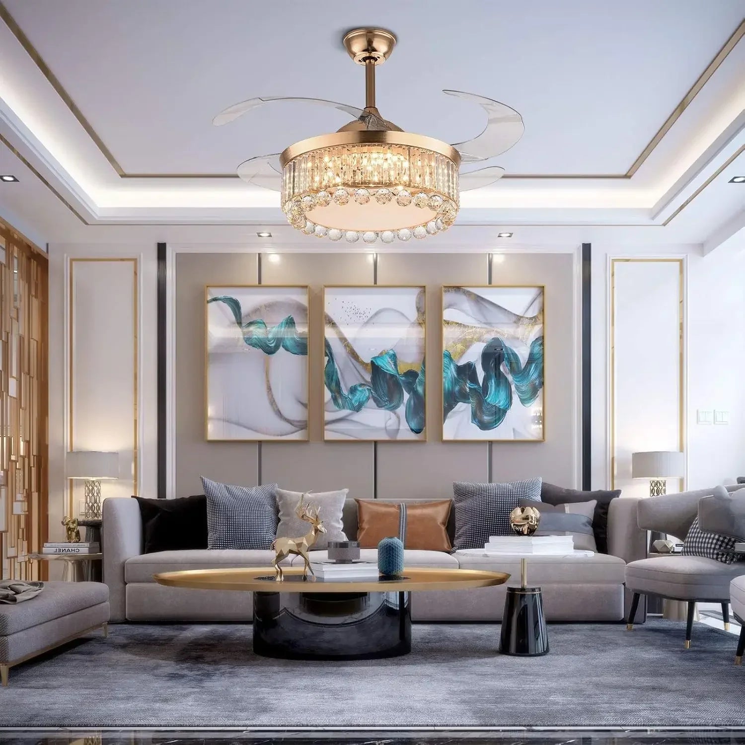 Afralia™ Gold Crystal Ceiling Fan Lights with Remote Control and Retractable Blade