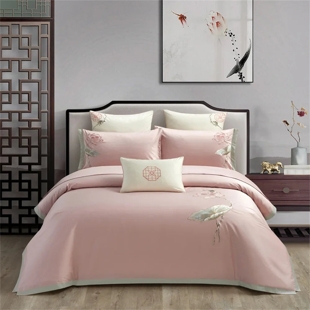 Afralia™ Pink Satin Jacquard Lotus Duvet Set 4Pcs Queen King Bedlinens