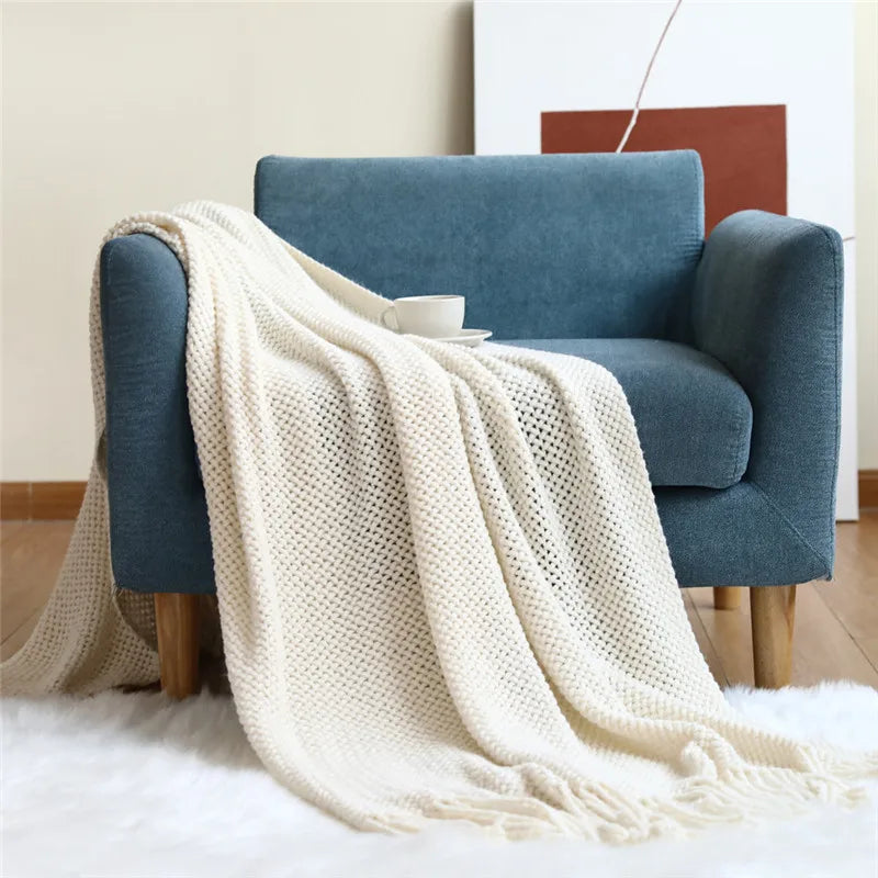 Afralia™ Cozy Nordic Knit Sofa Blanket with Tassels & Fleece Throw