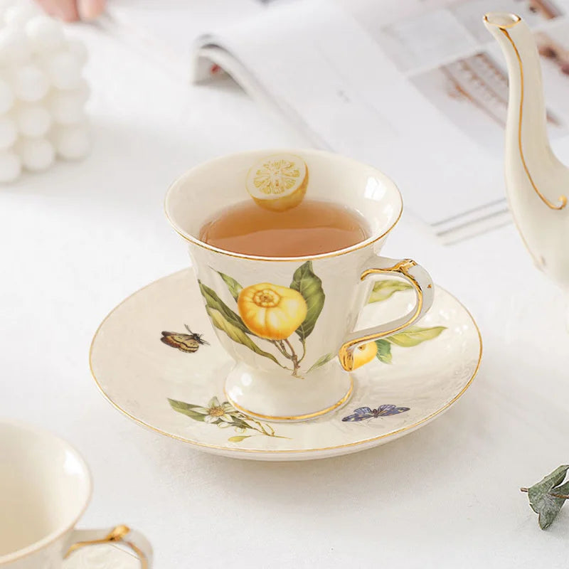 Afralia™ Gold Edge Cup & Saucer Set: Lemon Teapot, Coffee Mug, Ceramic Plates & Drinkware