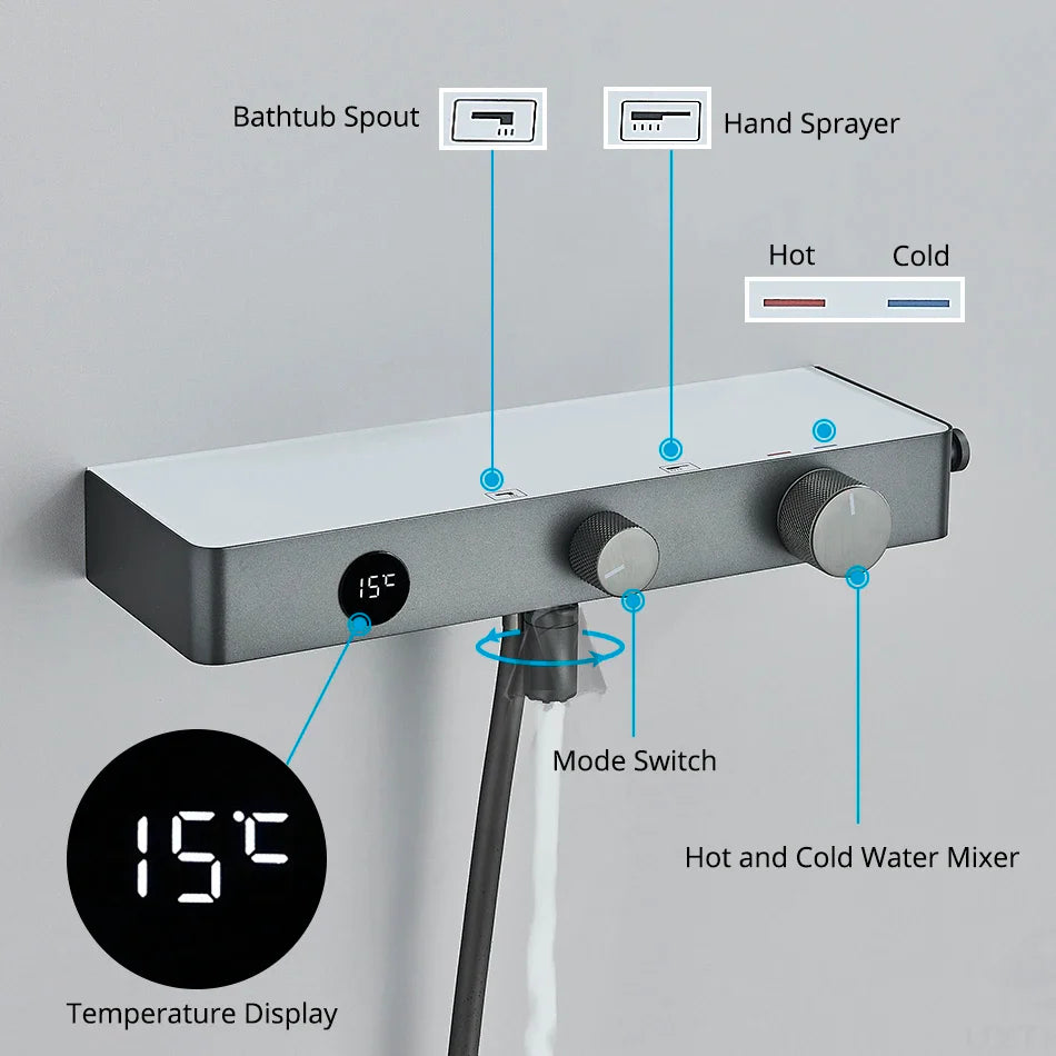 Afralia™ Grey Digital Shower Faucet Set 2-Way Mixer System for Bathroom with Hand Sprayer