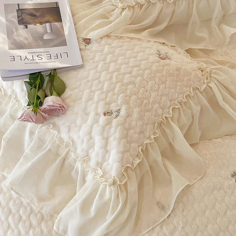 Afralia™ Rose Flower Lace Ruffles Bedding Set with Plush Velvet Fleece Material