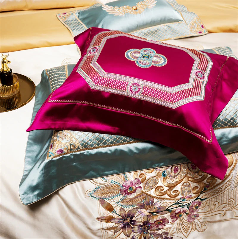Luxurious Palace Flowers Embroidery Champagne Gold Brocade Bedding Set by Afralia™