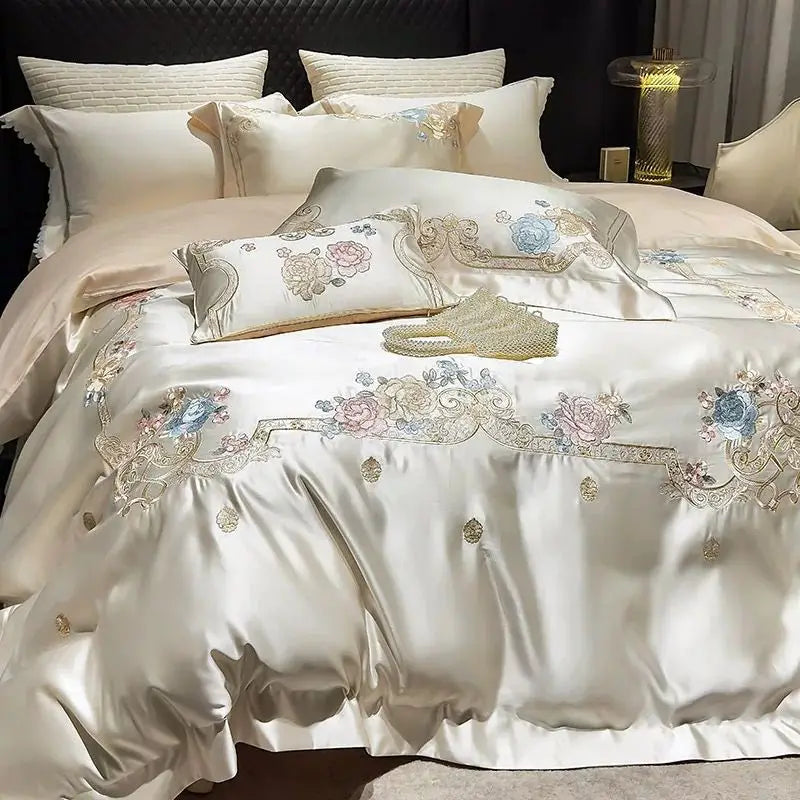 Afralia™ Luxe Brocade Cotton Flowers Embroidery Bedding Set Cream/Champagne Patchwork