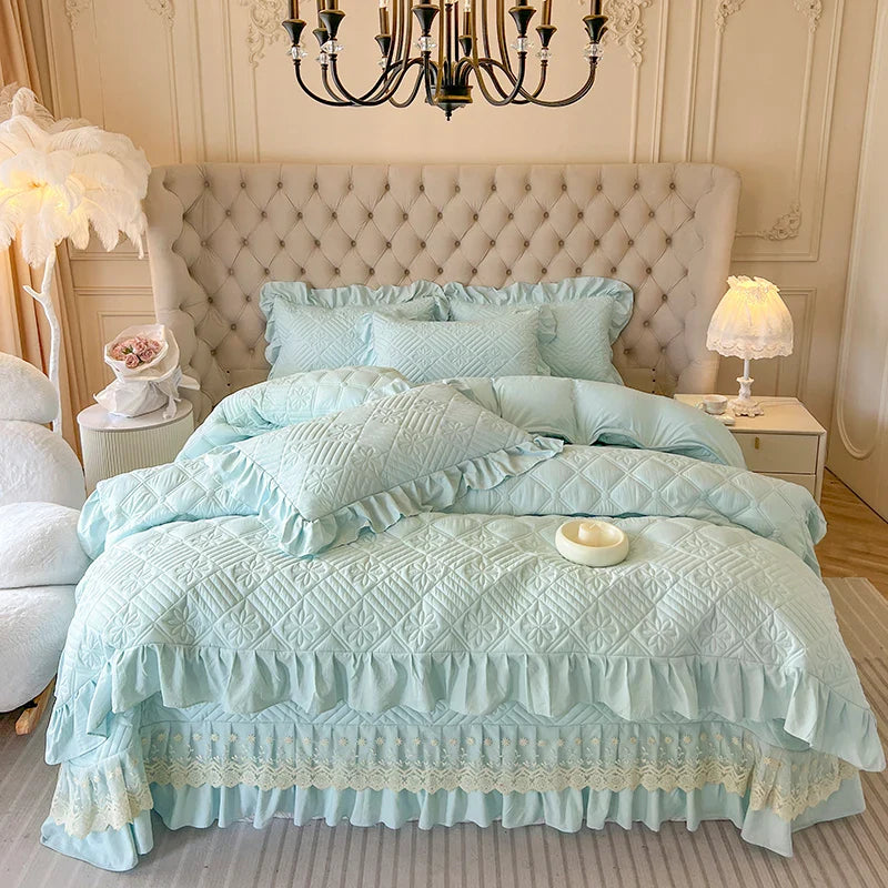 Afralia™ Korean Princess Style Quilted Bedding Set with Lace Ruffles 200x230cm