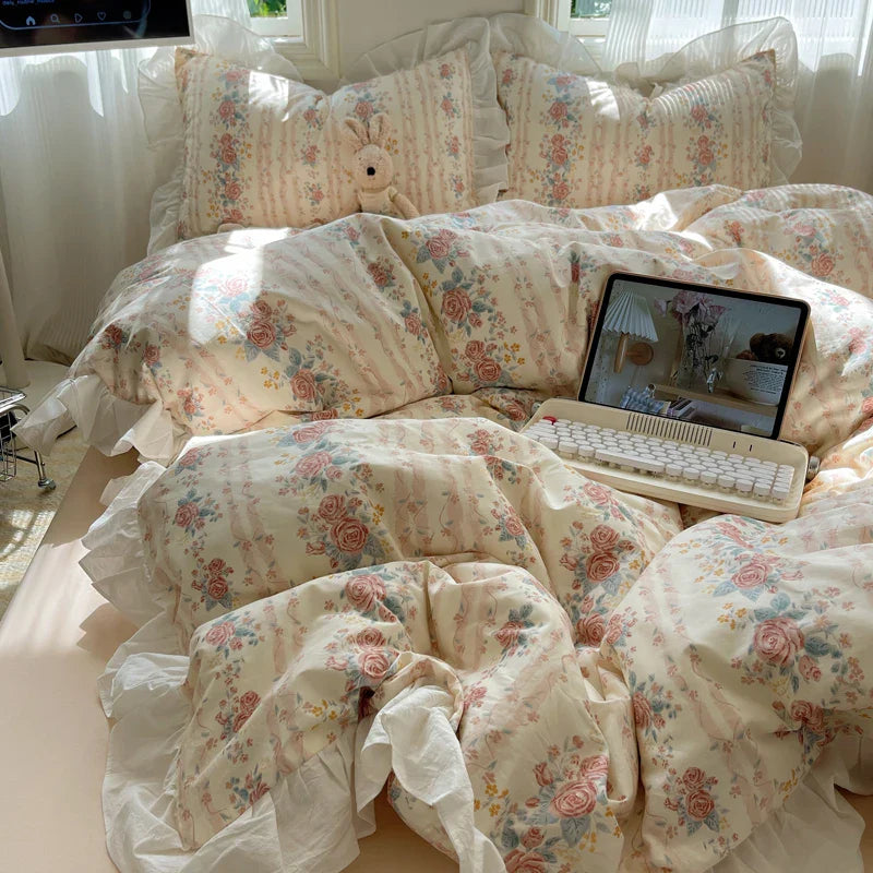 Afralia™ Small Floral Lace Ruffles Princess Bedding Set with Vintage Charm