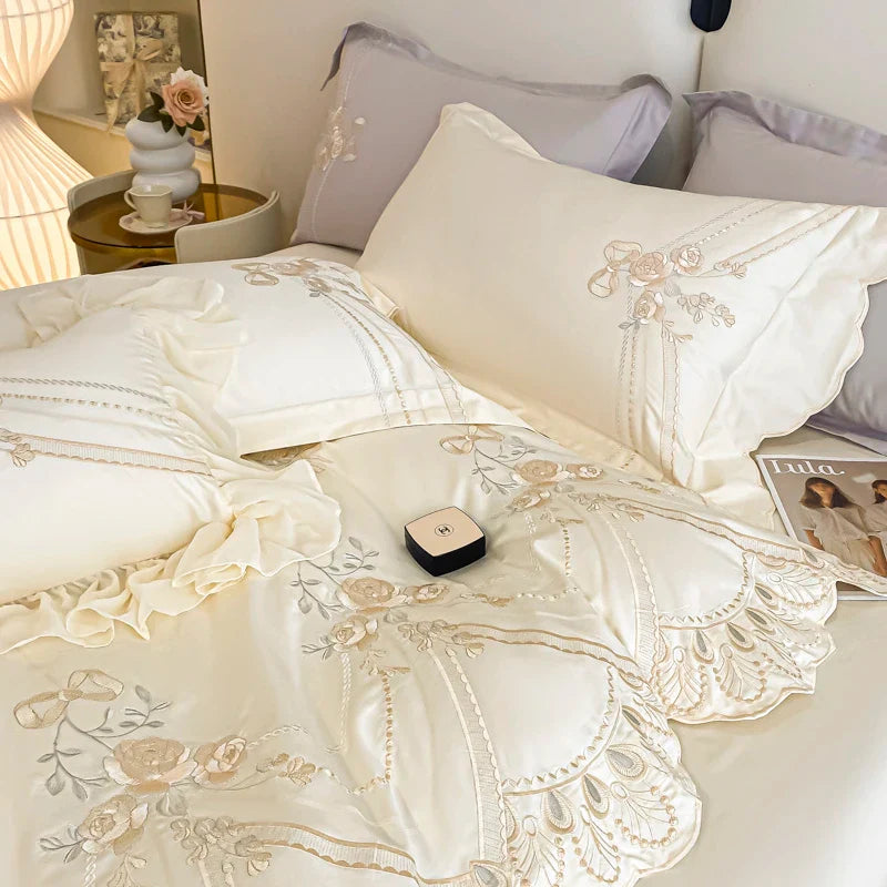 Afralia™ Rose Flower Embroidered 1000TC Egyptian Cotton Bedding Set