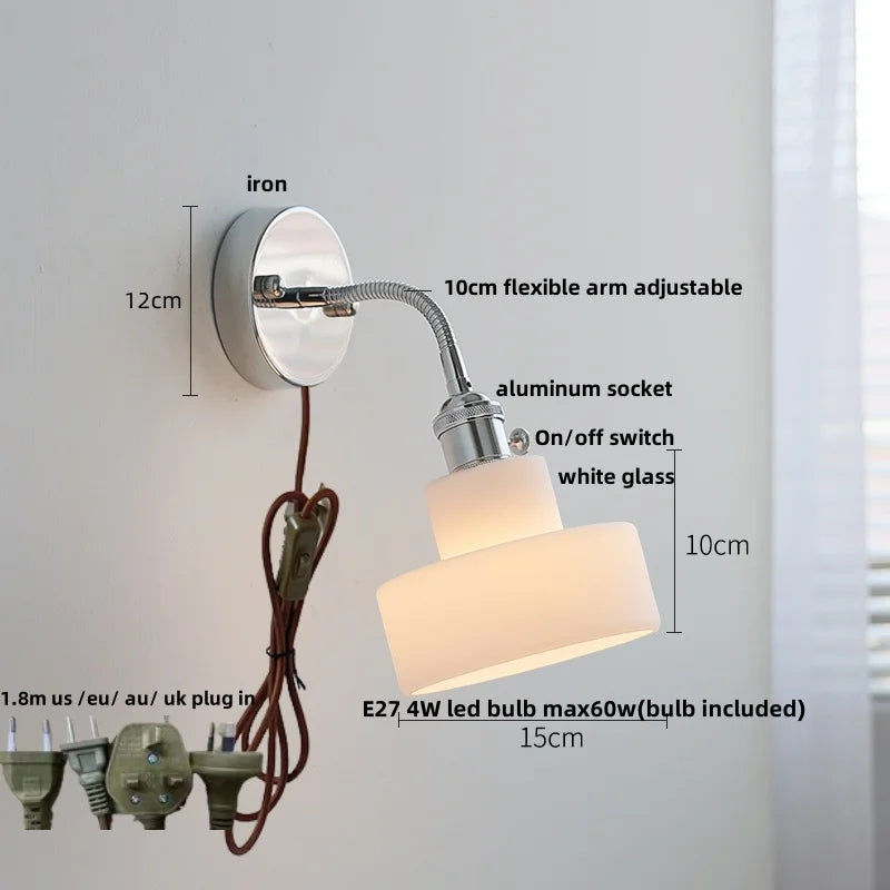 Afralia™ Adjustable Arm LED Wall Light Fixture with Pull Chain Switch, White Glass
