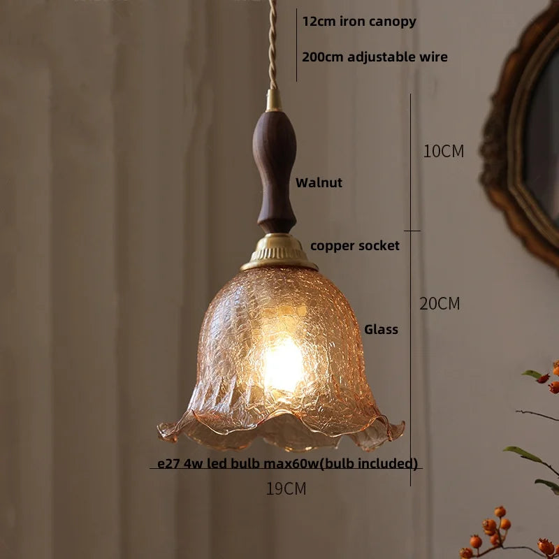 Afralia™ Amber Glass LED Pendant Lamp Walnut Wood Copper Hanging Light