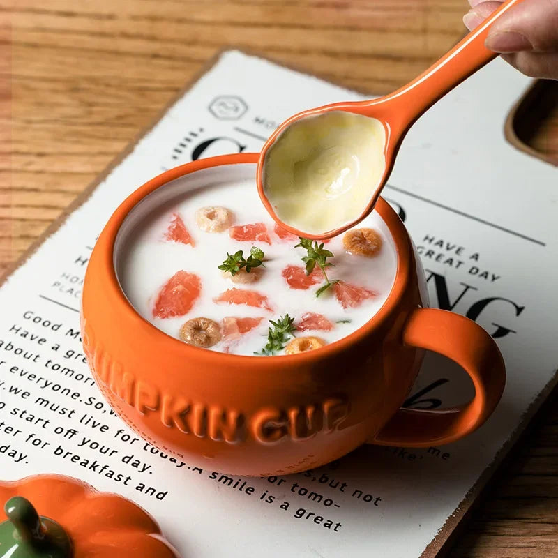 Afralia™ Pumpkin Cute Cup Set with Lid and Spoon for Trendy Students - Ceramic Breakfast Mug
