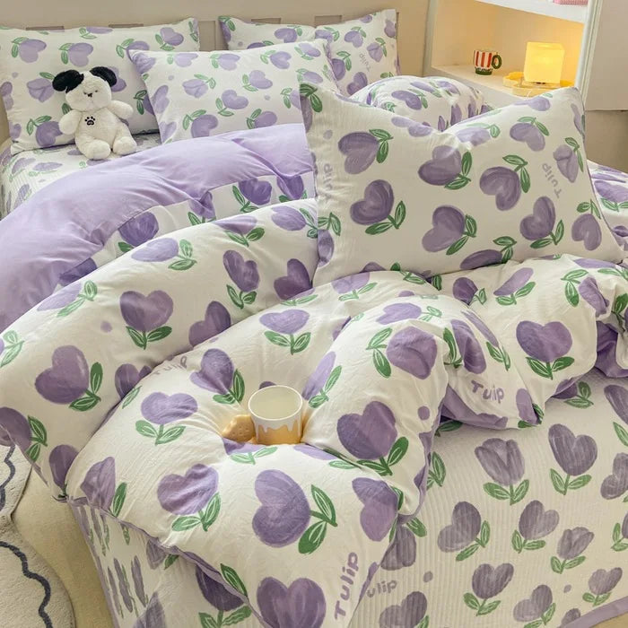 Afralia™ Cartoon Cat Floral Duvet Cover Set - Pink Kids Girls Bedroom Decor