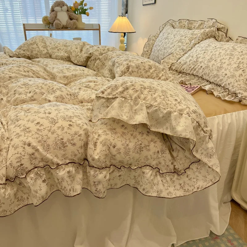 Afralia™ Korean Princess Floral Print Bedding Set in Washed Cotton for Girls