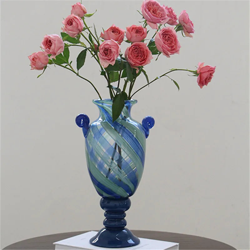 Afralia™ Blue Striped Transparent Glass Vase - Tall Bottle Flower Pot Bouquet Holder