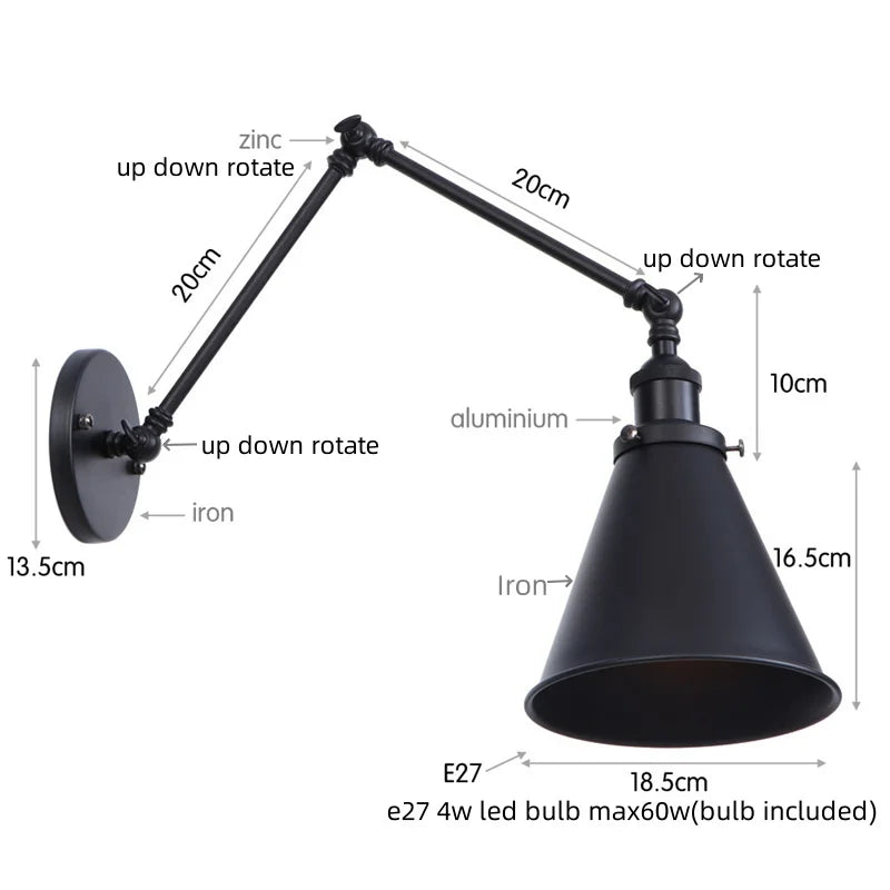 Afralia™ Retro LED Swing Arm Bedside Wall Lamp Rustic Industrial Iron Loft Wall Light