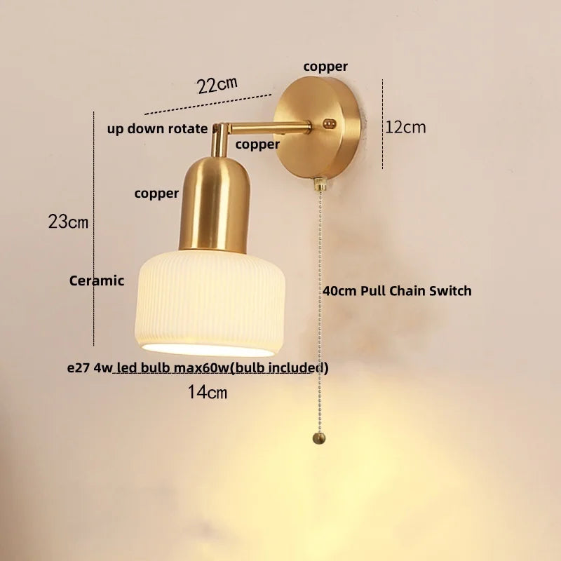 Afralia™ Ceramic LED Wall Sconce with Walnut Wood Pull Chain Switch - Nordic Style