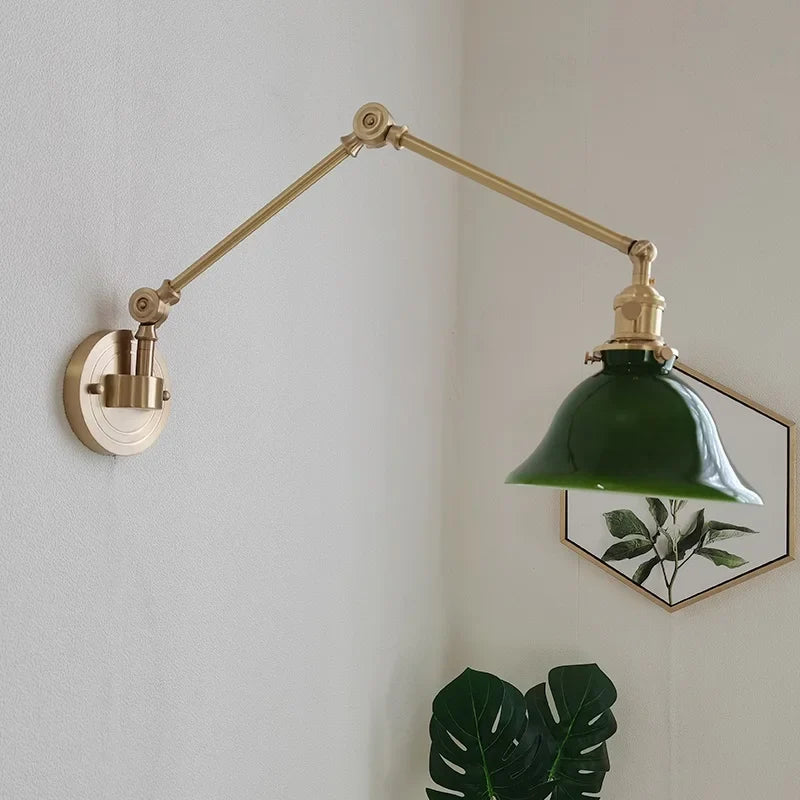 Afralia™ Swing Arm Copper Wall Lamp with Green White Lampshade, Nordic Modern Wandlamp