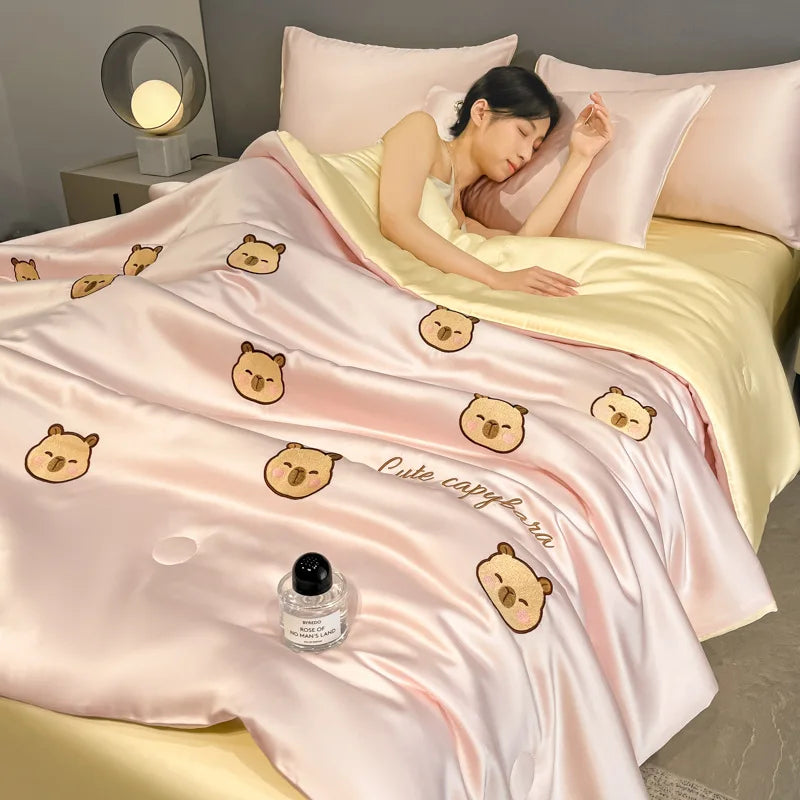 Afralia™ Washed Silk Embroidered Quilt Set Queen, Cooling Summer Blanket