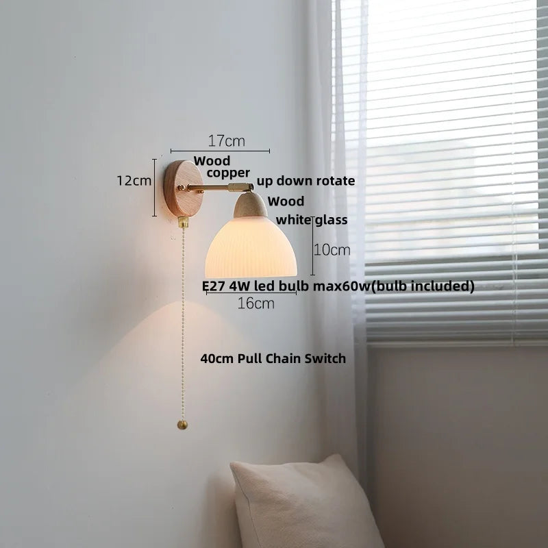 Afralia™ Wood Canopy LED Wall Lights Pull Chain Switch Amber Glass Modern Bedside Sconce