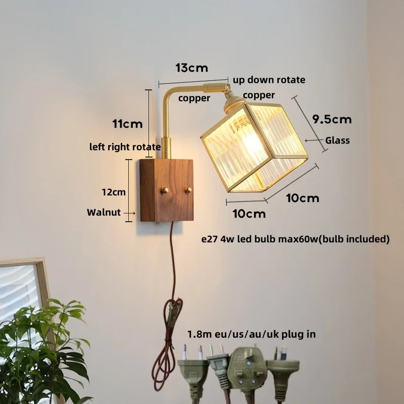 Afralia™ LED Walnut Wood Cube Glass Wall Light with Pull Chain Switch
