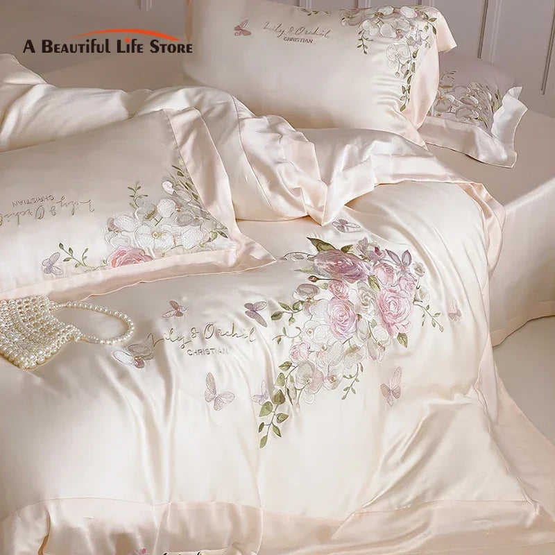Afralia™ Butterfly Flowers Embroidery Bedding Set 800TC Soft Silky Duvet Cover Set