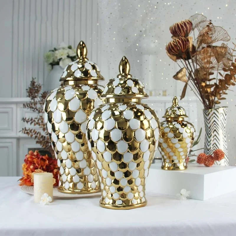 Afralia™ Geometric Golden Porcelain Jar - Home Decor Vase & Storage Tank