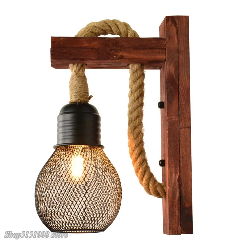 Afralia™ Hemp Rope Wall Lamp Wood Sconce E27 Industrial Indoor Outdoor Light