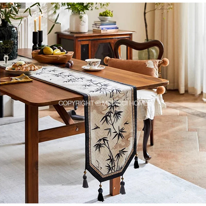 Afralia™ Bamboo Leaf Swallow Print Table Runner for Chinoiserie Chic Farmhouse Decor