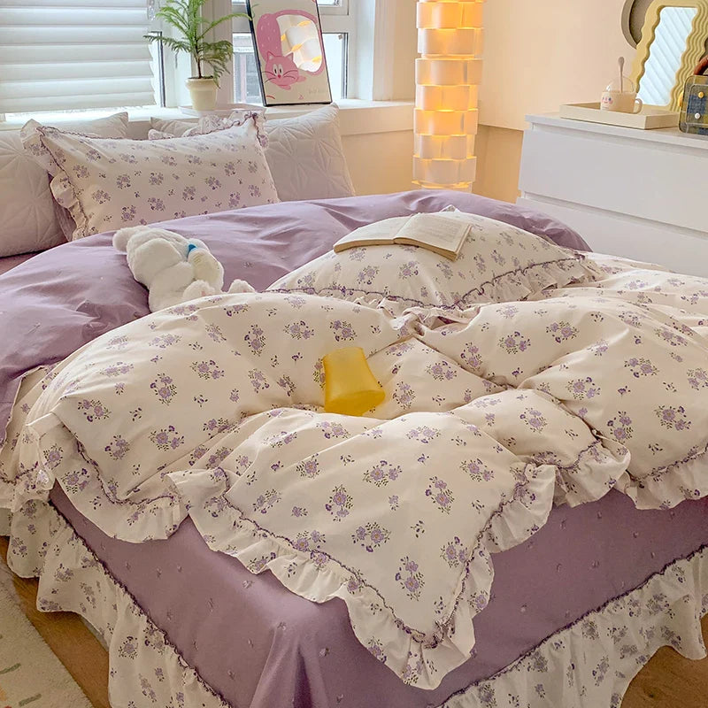 Afralia™ Floral Lace Ruffles Girl Bedding Set with Quilt/Duvet Cover, Sheet & Pillowcases