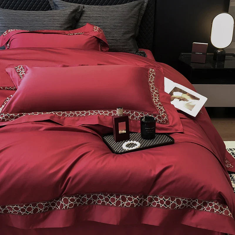 Afralia™ Brown Lace Embroidery Bedding Set, 4Pcs, 1200TC Egyptian Cotton