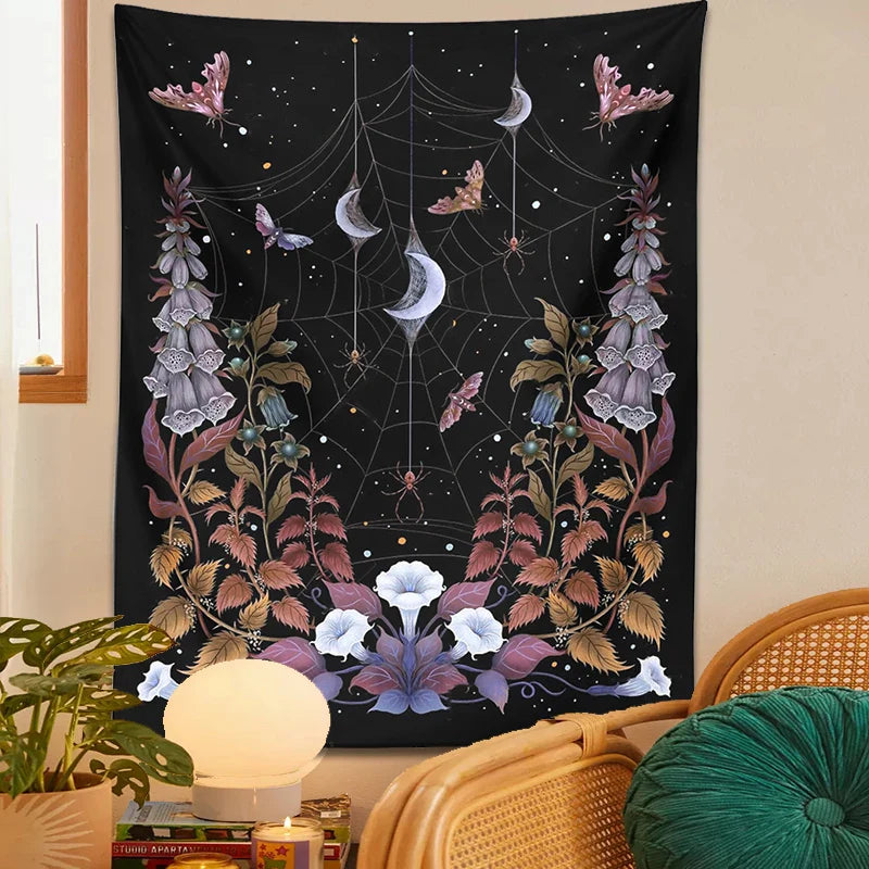 Afralia™ Witch Garden Tapestry Wall Hanging Moon Moth Tarot Psychedelic Decor