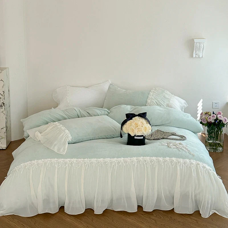 Afralia™ Romantic Lace Ruffles Bedding Set with Flowers Embroidery