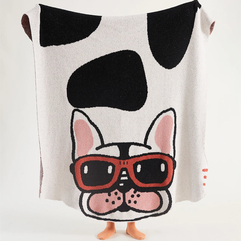 Afralia™ Kawaii Bulldog Knitted Blanket - Cozy Dog Design Throw Blanket