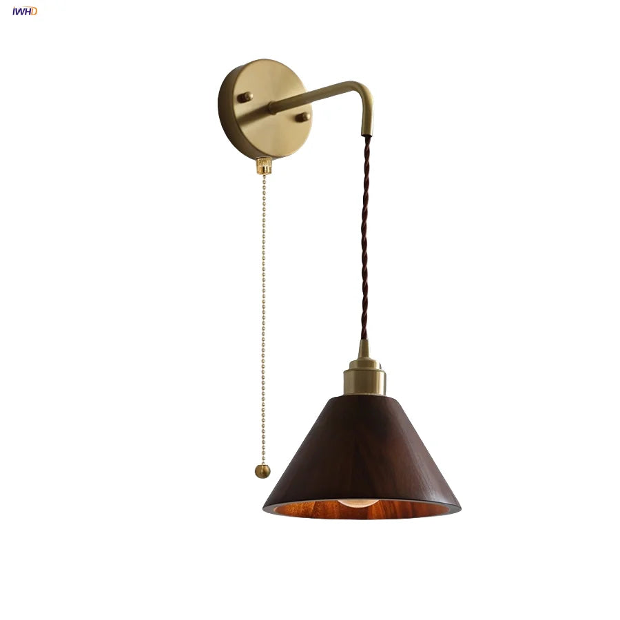Afralia™ Wood LED Wall Lamp with Copper Socket & Pull Chain Switch - Adjustable Staircase Light