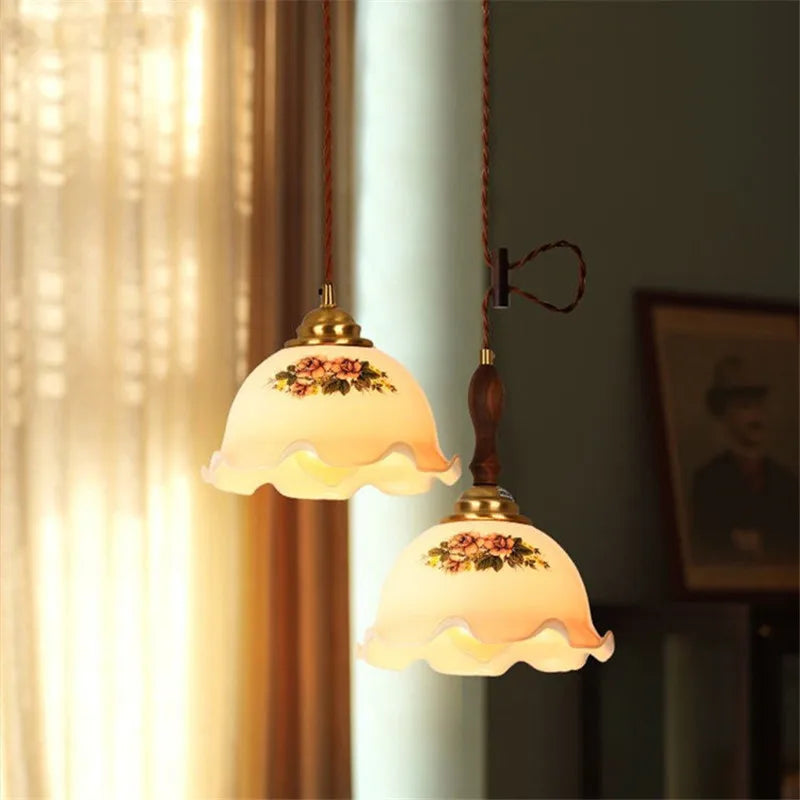 Afralia™ Cracked Glass Copper Wooden Pendant Light for Home Indoor Living Room
