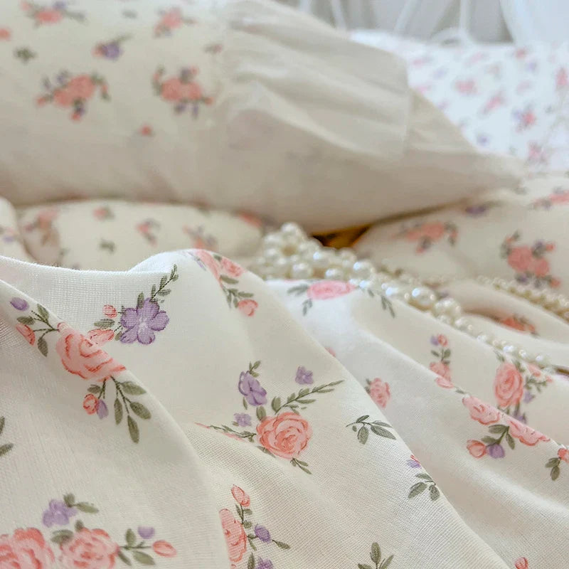 Afralia™ Cotton Floral Print Bedding Set with Pleat Lace Ruffles, 4-Piece Ensemble