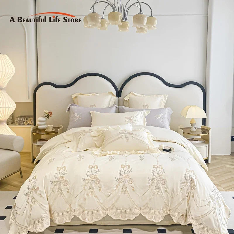 Afralia™ Rose Flower Embroidered 1000TC Egyptian Cotton Bedding Set