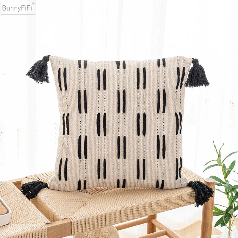 Afralia™ Black Ivory Mustard Tassel Woven Cushion Cover for Home Decoration