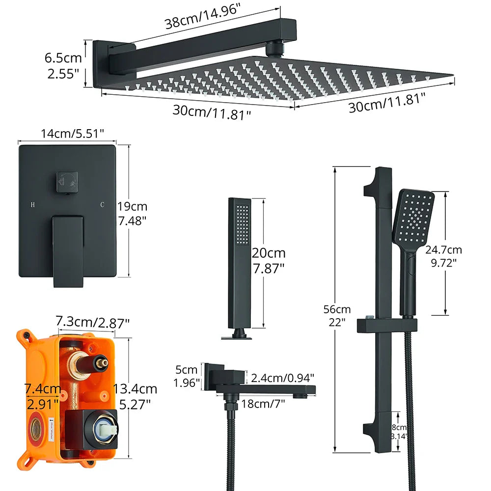 Afralia™ Matte Black Rainfall Shower Faucet Set with Slide Bar Swivel Spout