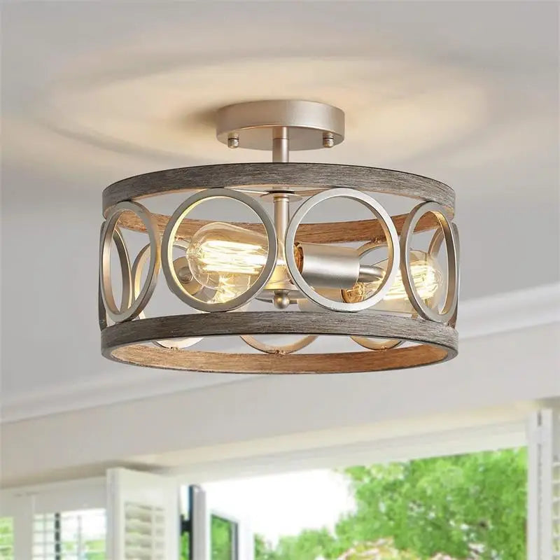 Afralia™ Retro Iron Art Wood Grain Circular Chandelier - Farmhouse Industrial Ceiling Light